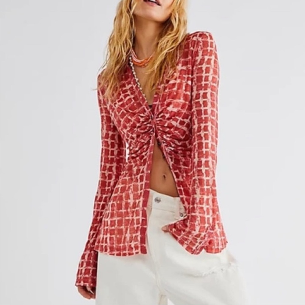 Free People Red Button Down Shirt size S